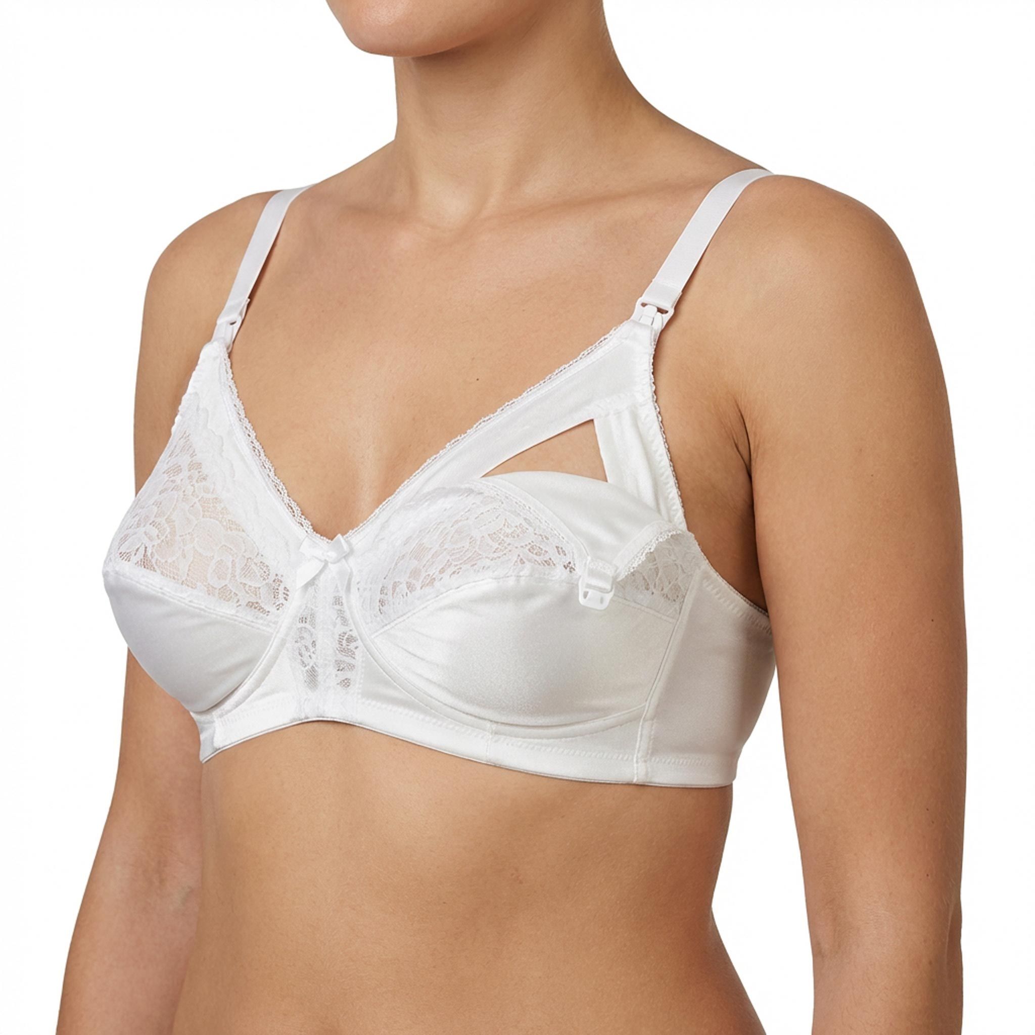 Soutien-gorge d'allaitement blanc en dentelle, bonnet C. Bretelles réglables.