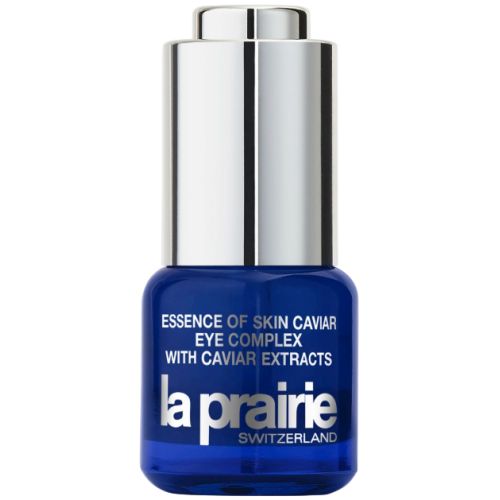 La Prairie Skin Caviar Eye Complex flesje met druppelaar. Blauwe glazen container met zilveren dop.