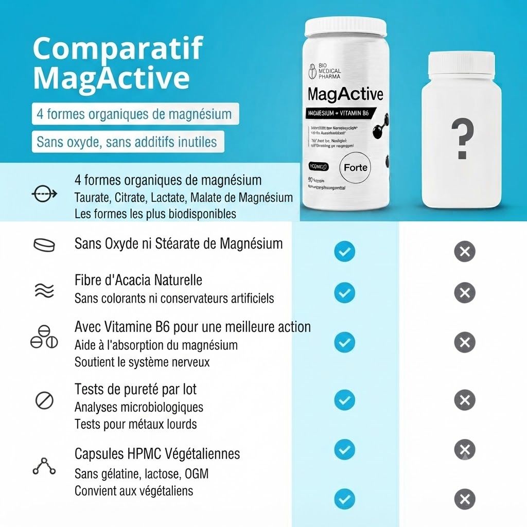 Comparatif MagActive : 4 formes organiques de magnésium, sans oxyde, sans additifs inutiles. Contient de la vitamine B6.