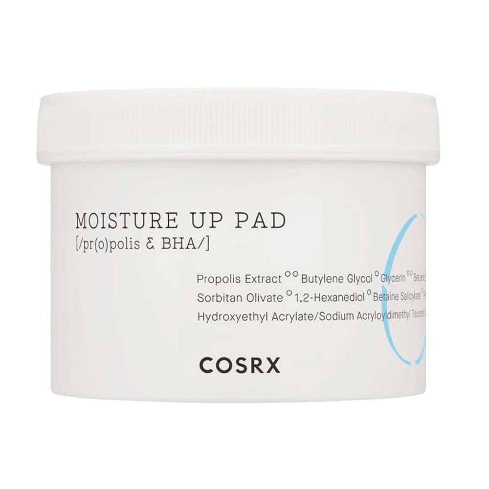 Witte pot met 'MOISTURE UP PAD' en ingrediënten. COSRX merklogo.