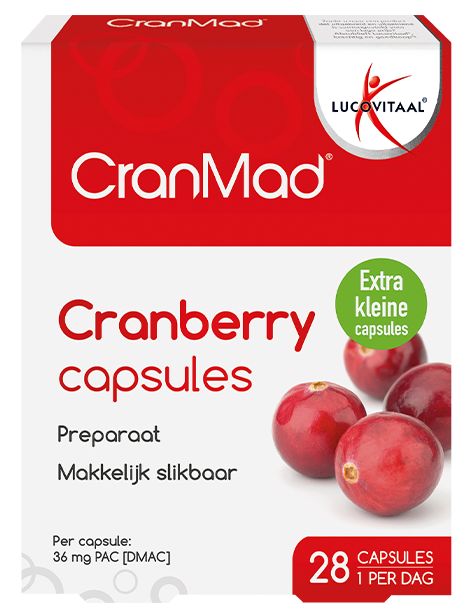 Rode doos met "CranMad" en "Cranberry capsules". Bevat 28 capsules. Sticker "Extra kleine capsules". Merk: Lucovitaal.