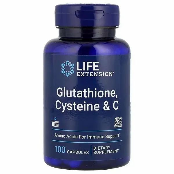 Bouteille de capsules bleu foncé avec étiquette Life Extension Glutathion, Cystéine & C. Contient 100 capsules.
