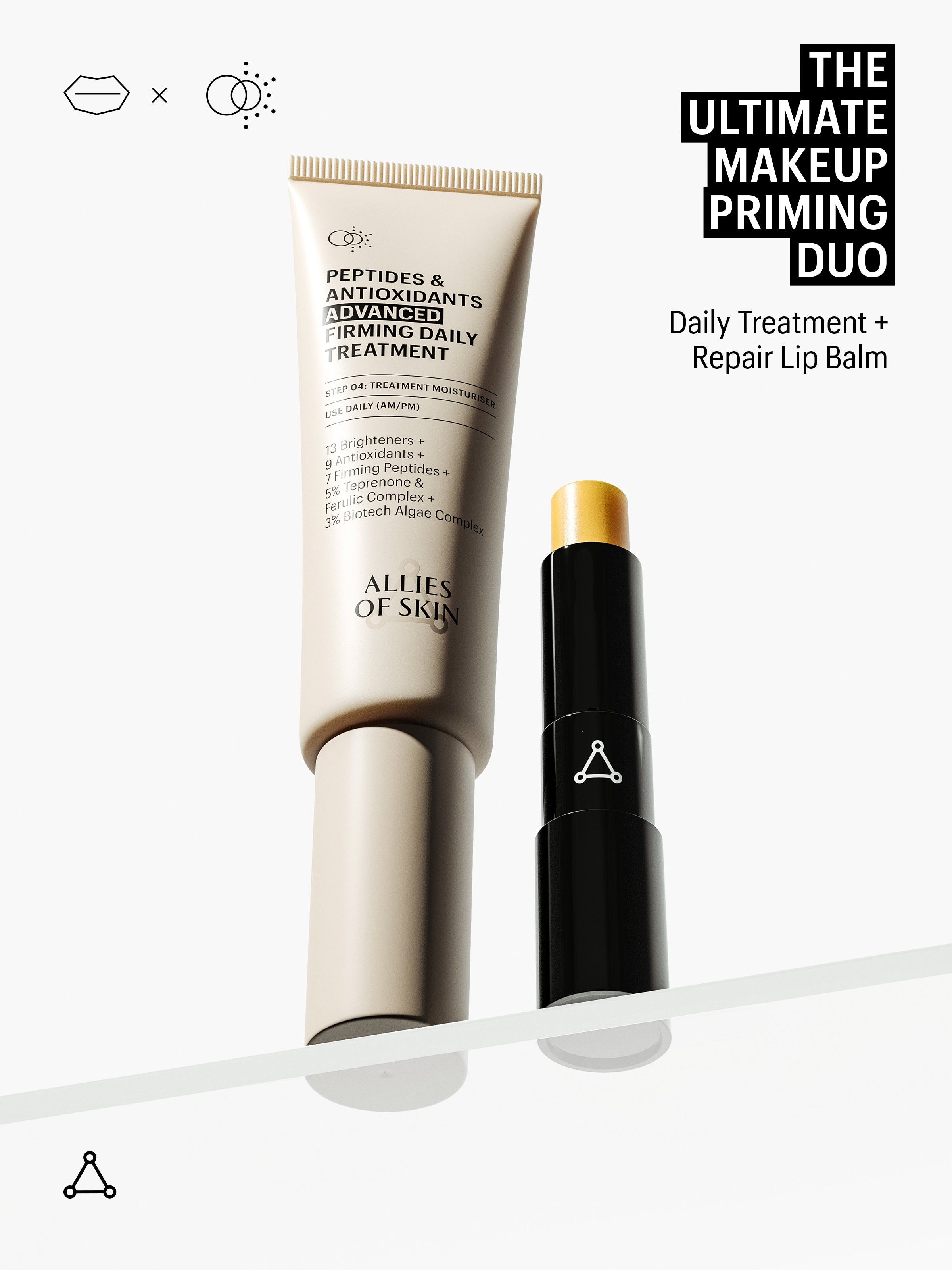 Deux produits : tube et baume à lèvres. Texte : THE ULTIMATE MAKEUP PRIMING DUO. Symbole triangulaire.