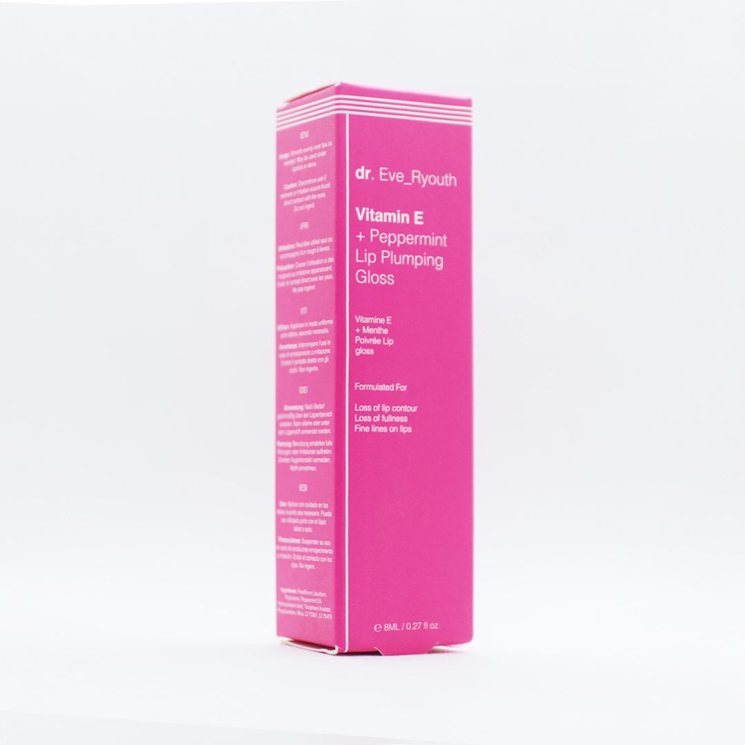 Emballage rose avec inscription: Dr. Eve_Ryouth, Vitamine E + Menthe poivrée Lip Plumping Gloss. Texte en plusieurs langues.