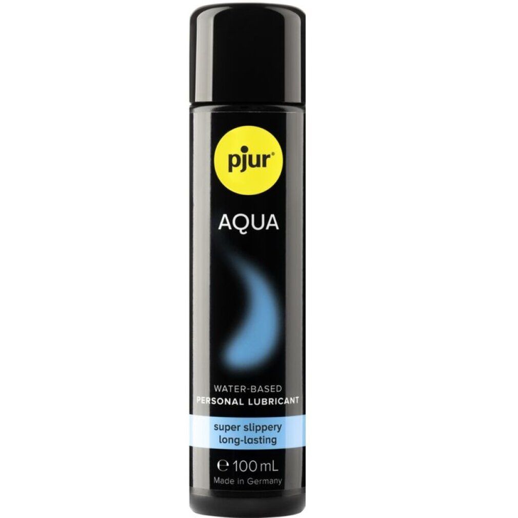 Flacon noir avec bouchon noir. Inscription : pjur AQUA. Contient un lubrifiant à base d'eau. 100ml.