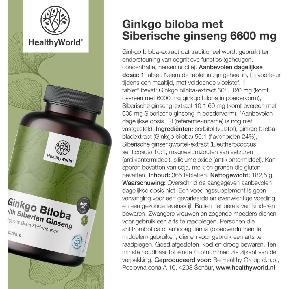 Fles met tekst: Ginkgo biloba met Siberische ginseng 6600 mg. 365 tabletten. Merk: HealthyWorld. Met tekst.