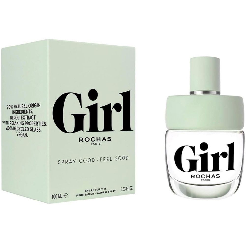 Girl Eau de Toilette Spray et emballage. Flacon et boîte vert clair avec lettrage noir. "Girl" et "Rochas" sont visibles.