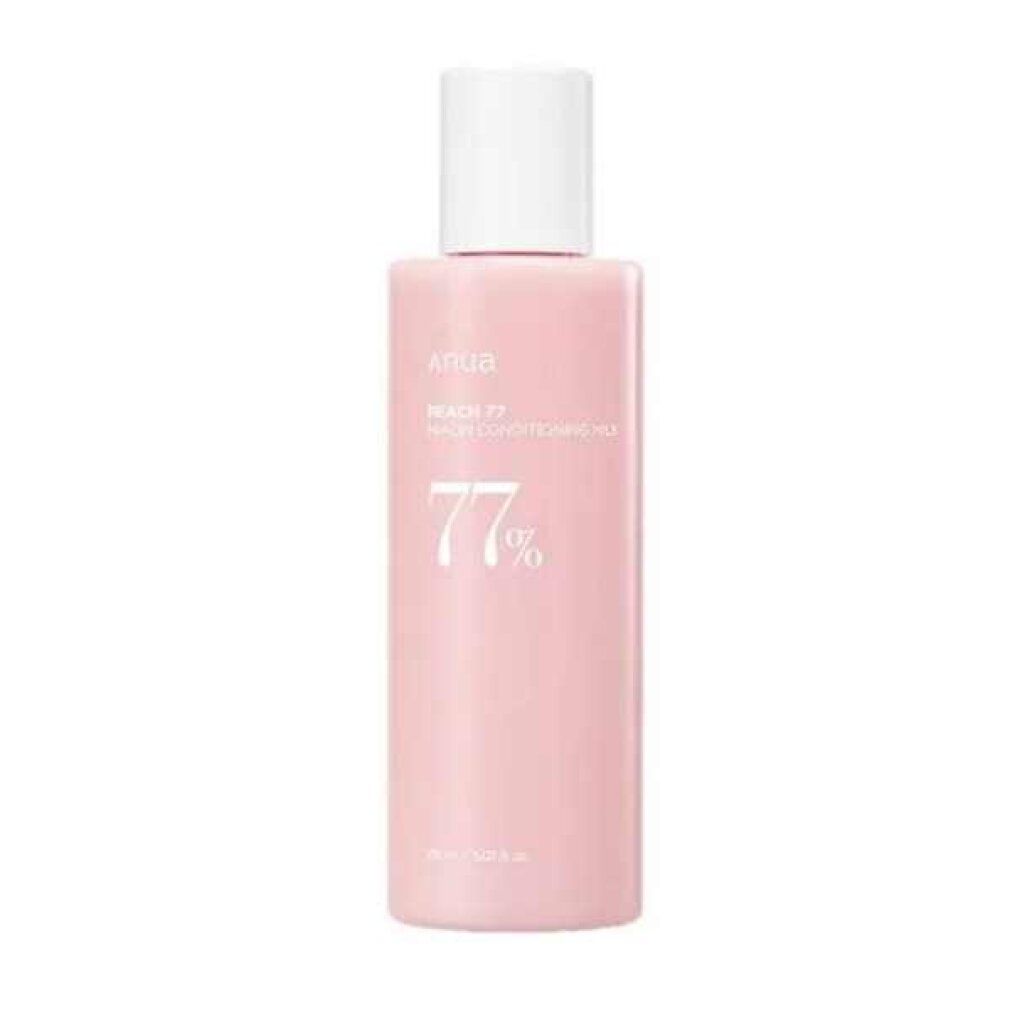 Roze fles met witte dop, opschrift 'ANUA Peach 77 Niacin Conditioning Milk'.
