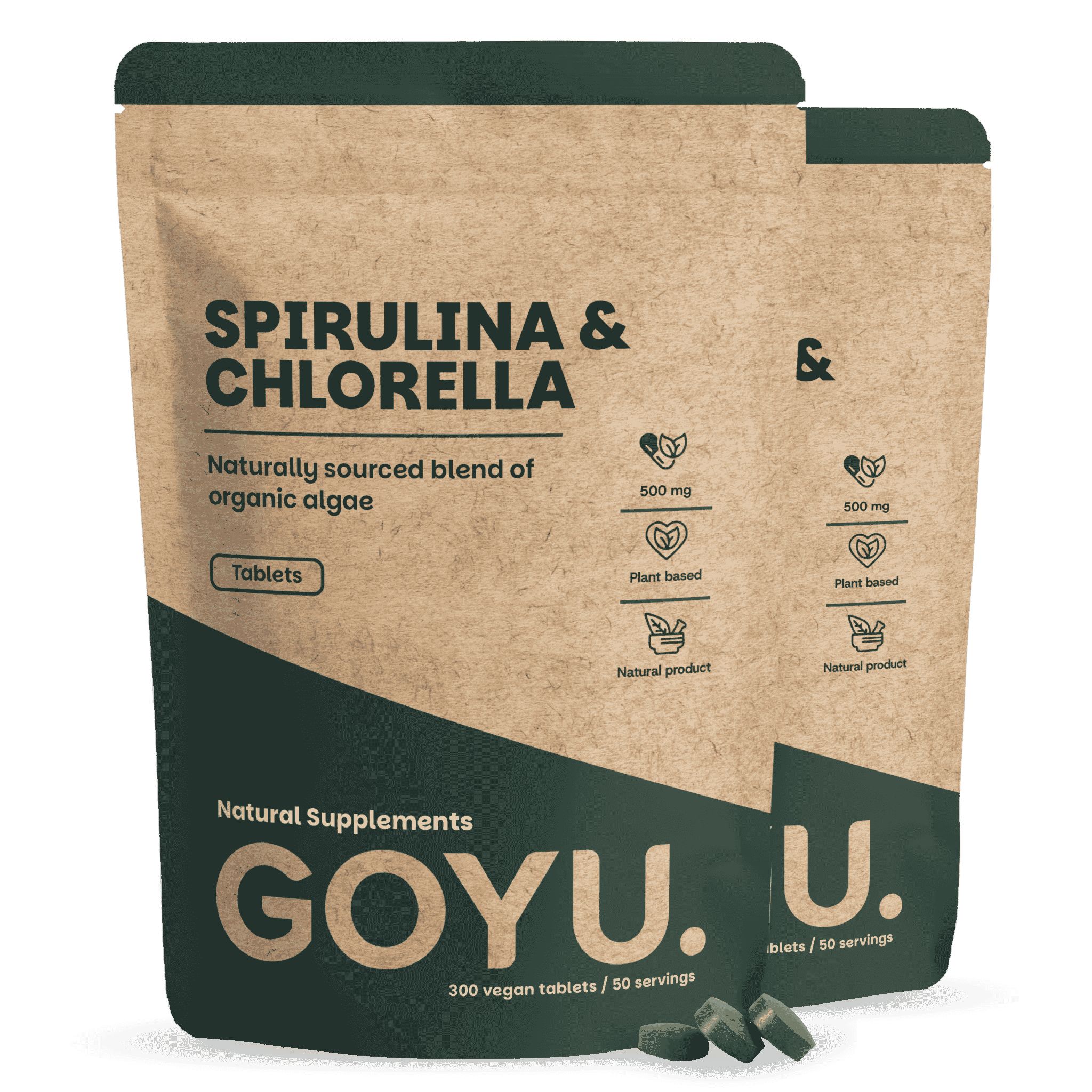 Twee pakken GOYU Spirulina & Chlorella tabletten. Natuurlijk algenmengsel, 300 veganistische tabletten per pak.