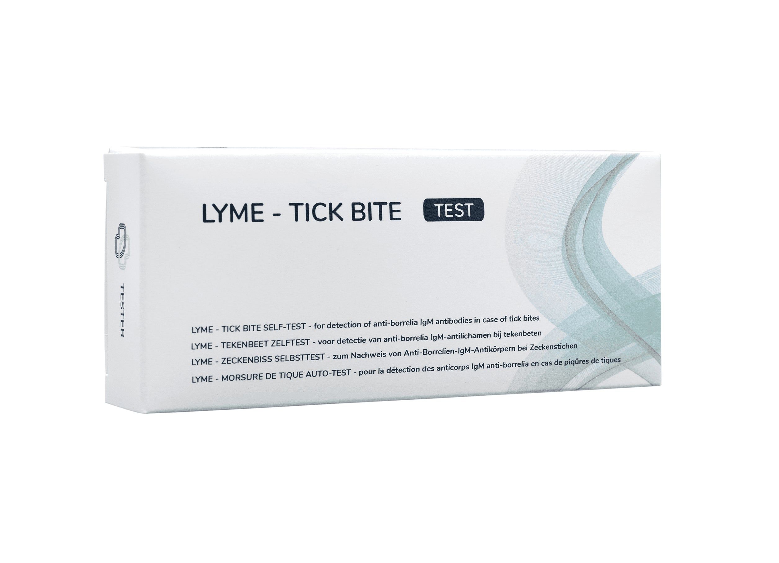 Verpakking van de Lyme-test met meertalige informatie voor de detectie van antistoffen na een tekenbeet.