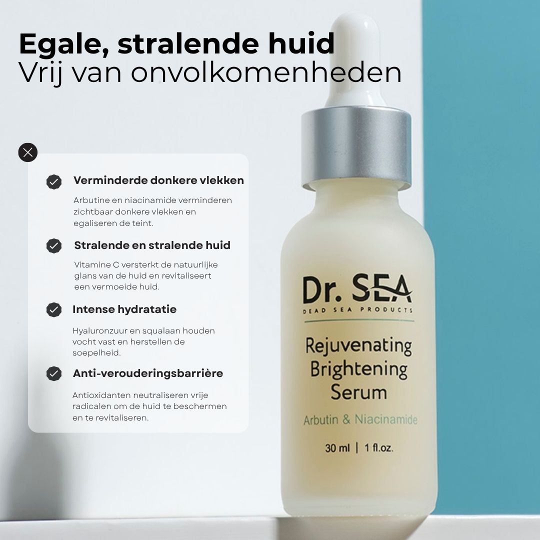 Serumfles met tekst. Tekst: Dr. SEA, Rejuvenating Brightening Serum, Arbutin & Niacinamide. Met infographic.