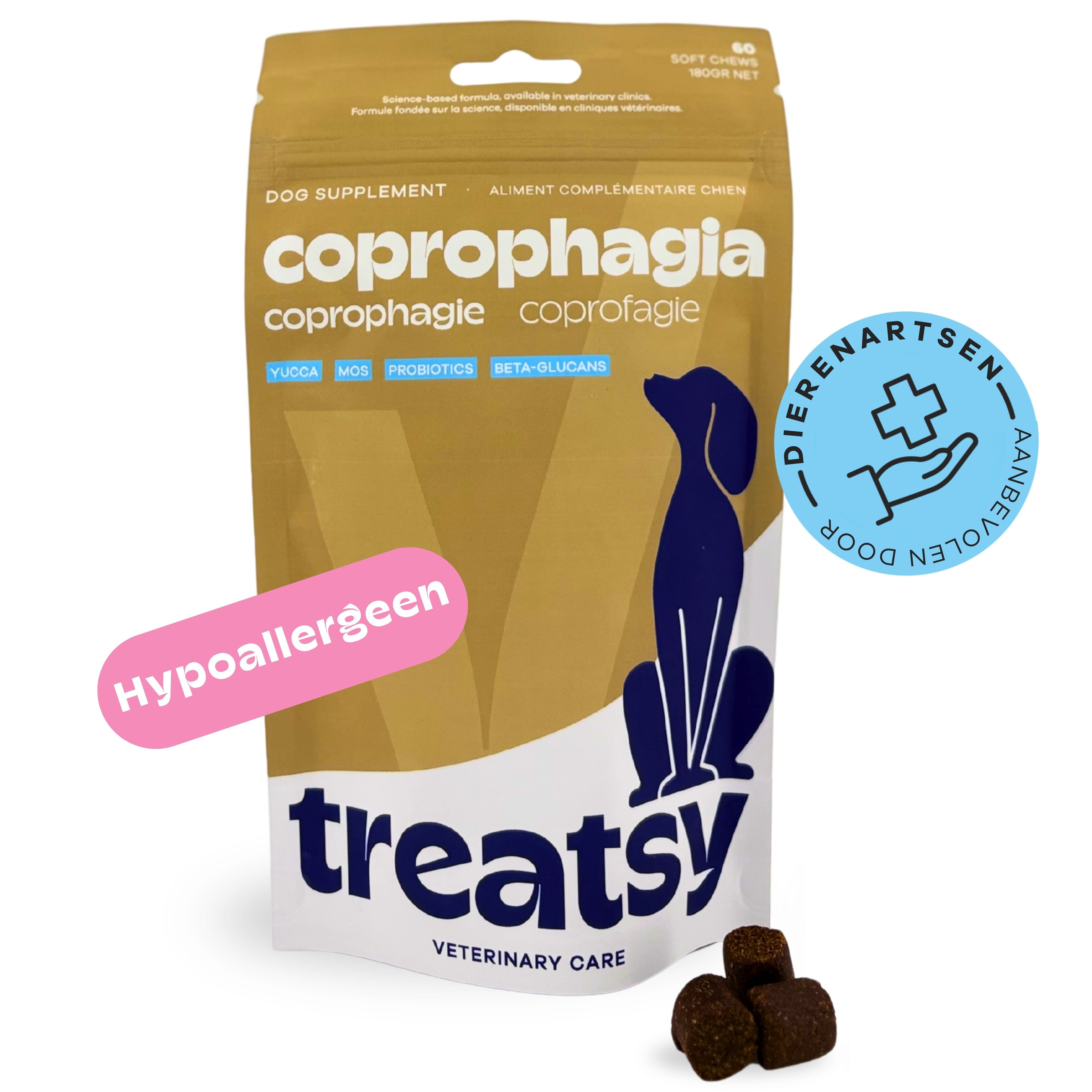 Zakje voedingssupplement. Opschrift: Coprophagia. Merk: Treatsy. Met 'Aanbevolen door dierenartsen'.