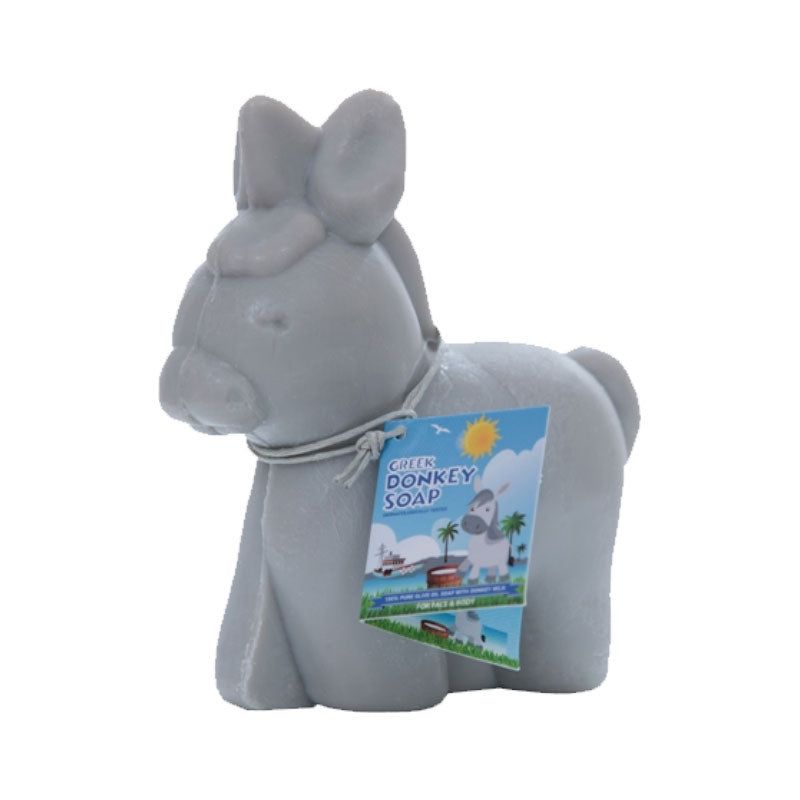 Grijze zeep in ezelvorm. Label met "Cheeky Donkey Soap".