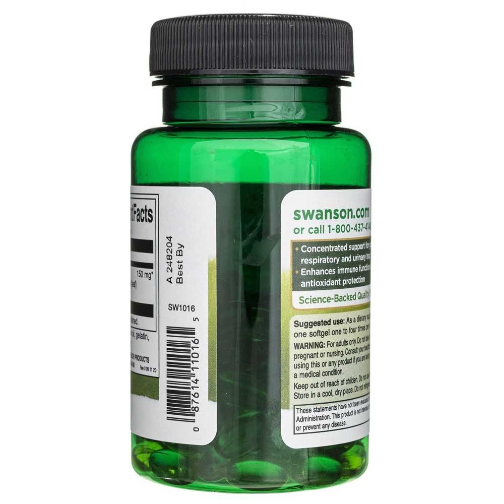 Côté de la bouteille d'huile d'origan Swanson avec avantages du produit et caractéristiques de qualité.