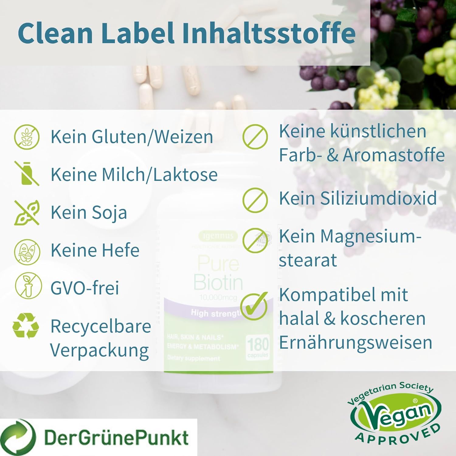 Texte: Clean Label Inhaltsstoffe. Sans gluten, lactose, soja, levure, OGM. Vegan Approved. Emballage recyclable.