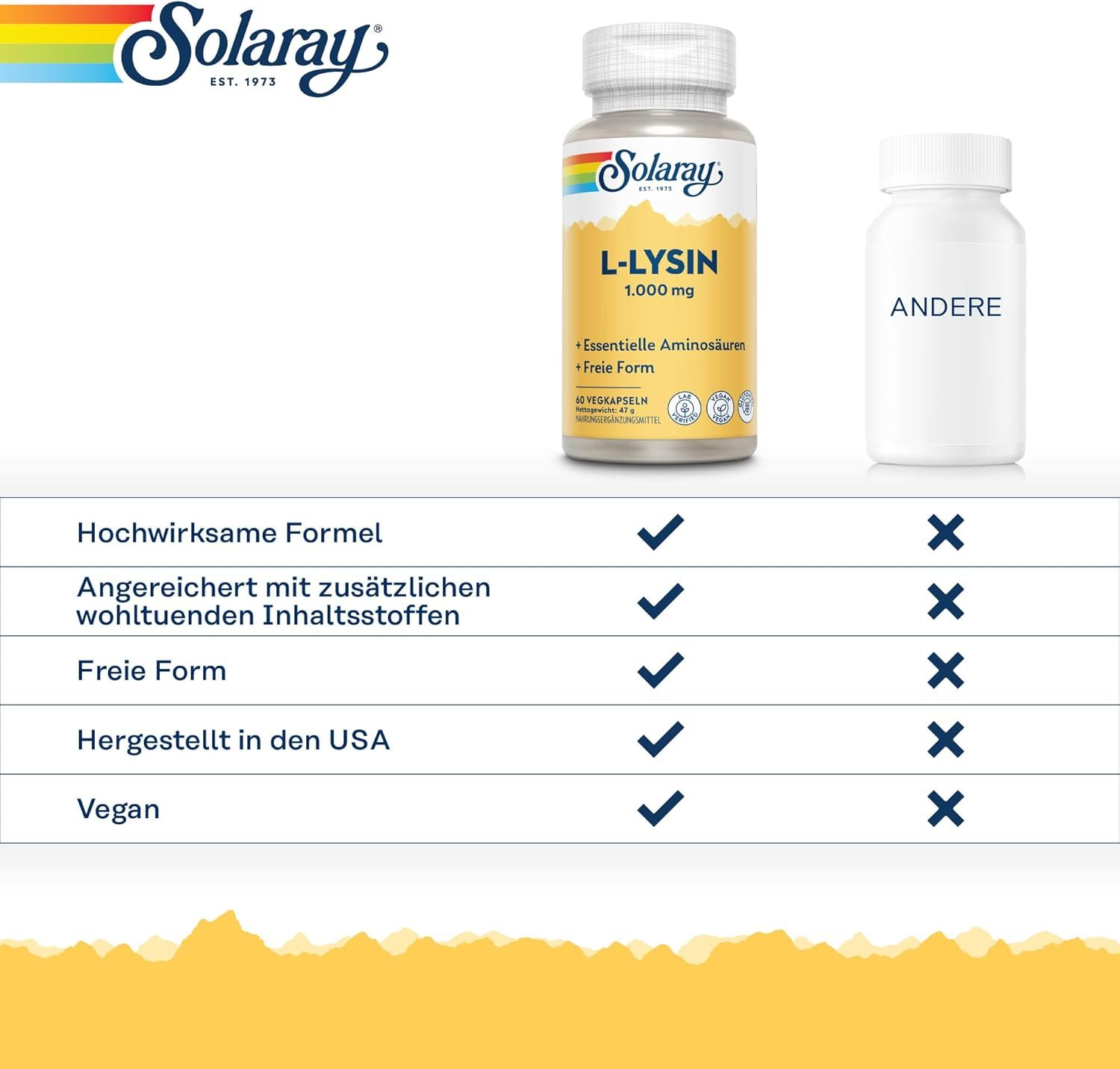 Tableau comparatif : Gélules Solaray L-Lysine vs. autres. Caractéristiques : Haute dose, végétalien, fabriqué aux États-Unis.