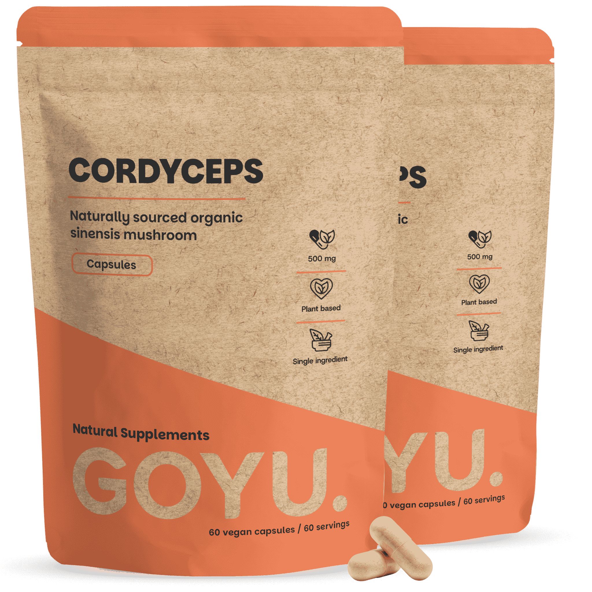 Twee zakjes Cordyceps capsules, 500 mg, bio, vegan.