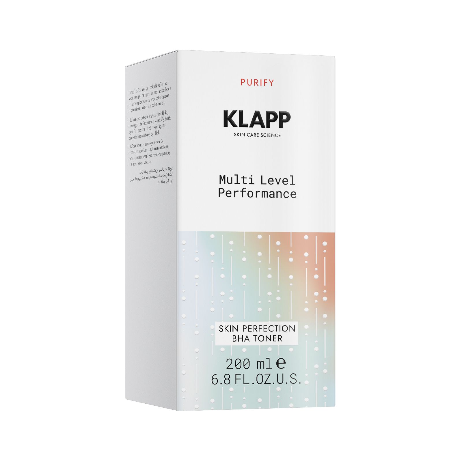 Witte doos met productinformatie. Opschrift: KLAPP, Multi Level Performance, Skin Perfection BHA Toner. 200 ml.