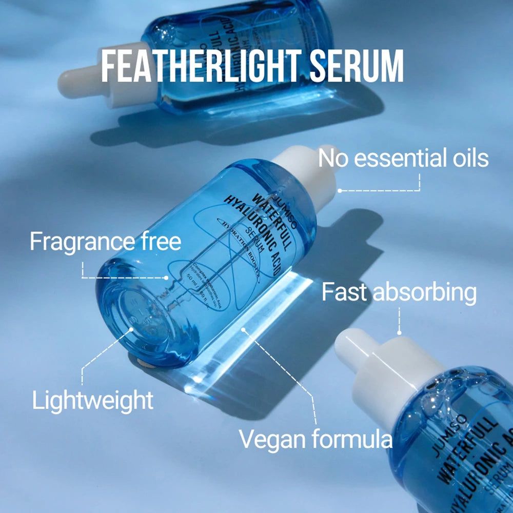 Drie flessen JUMISO Waterfull Hyaluronic Acid Serum met tekstoverlays over eigenschappen.