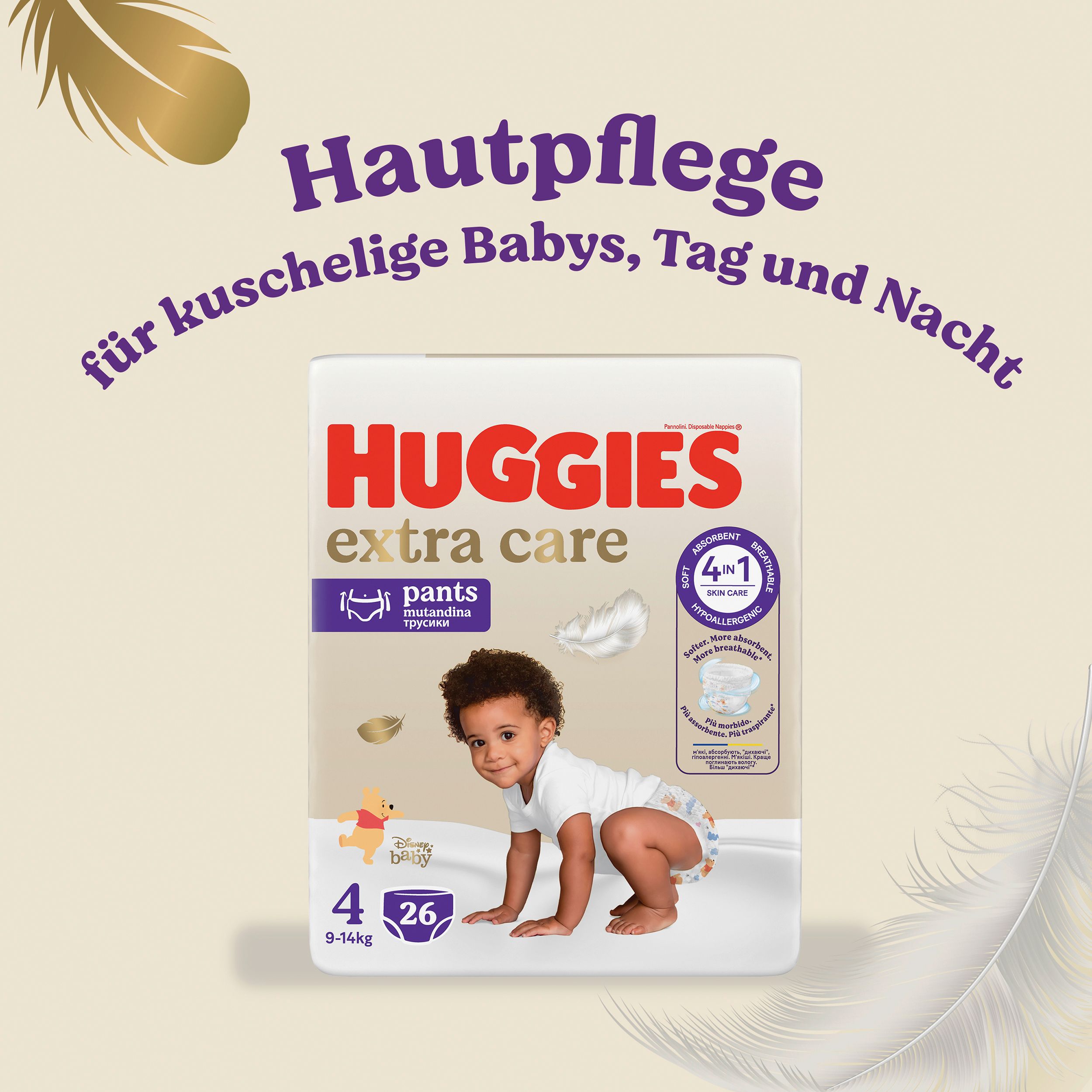 Huggies Extra Care Pants, maat 4 (9-14 kg), 26 stuks. Baby in luierbroekje met Winnie de Poeh.