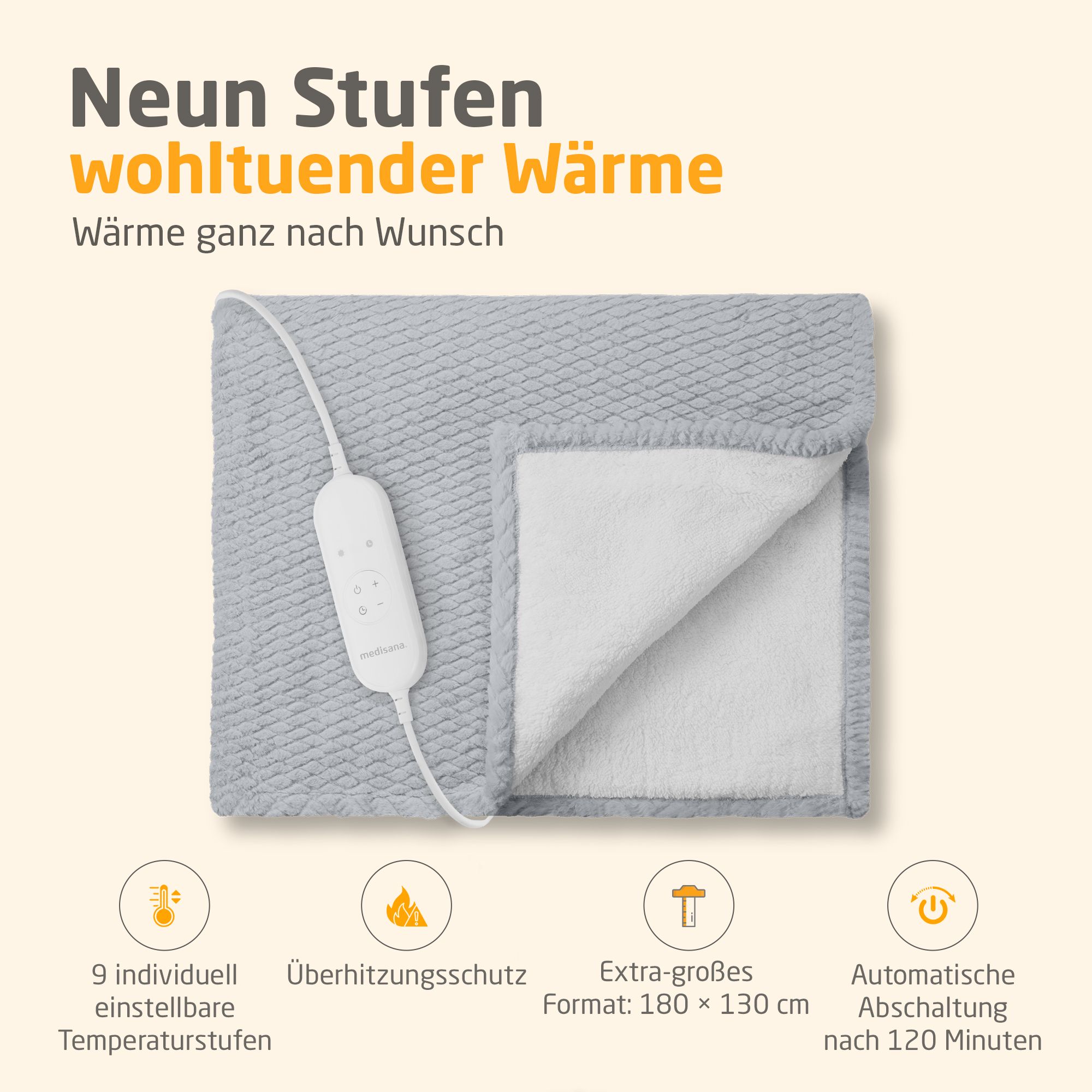 Verwarmde deken, lichtgrijs. Met kabel en bediening. 9 temperatuurstanden, oververhittingsbeveiliging, 180x130cm, automatische uitschakeling.