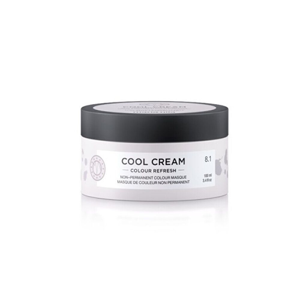 Witte pot met zwarte deksel, opschrift "Cool Cream Colour Refresh", 100ml.