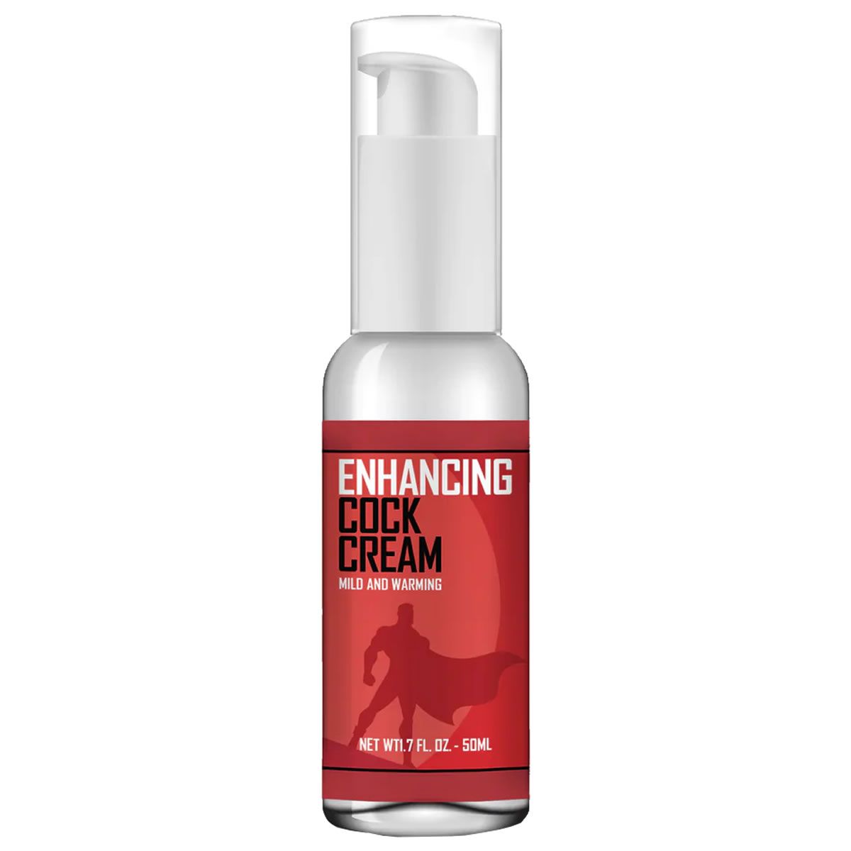 Witte fles met rood etiket. Opschrift: ENHANCING COCK CREAM. Superman-silhouet. Bevat 7 FL. OZ. - 50ml.