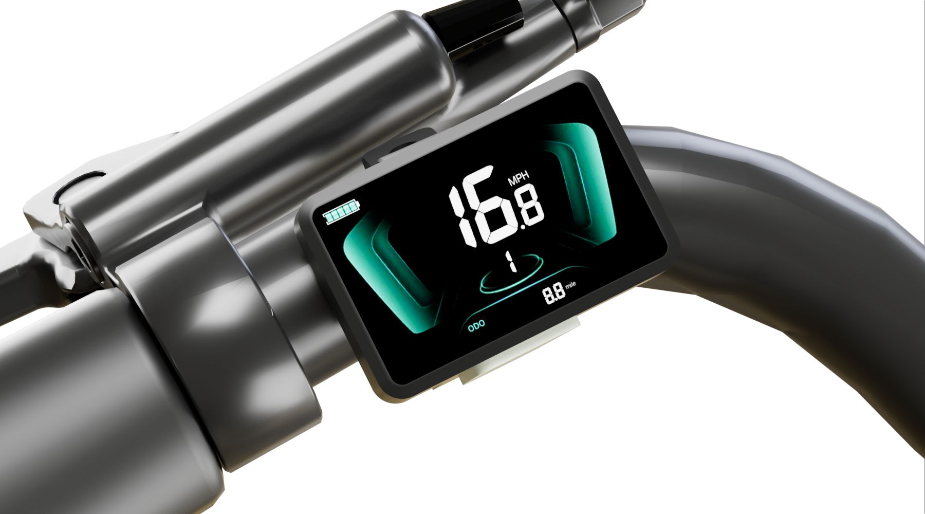 Multifunctioneel LCD-scherm op het stuur. Toont snelheid, batterijstatus en andere informatie.