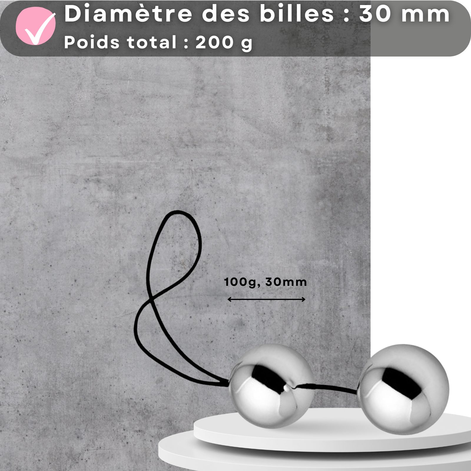 Deux billes en acier polies avec cordon de sécurité, diamètre 30mm.