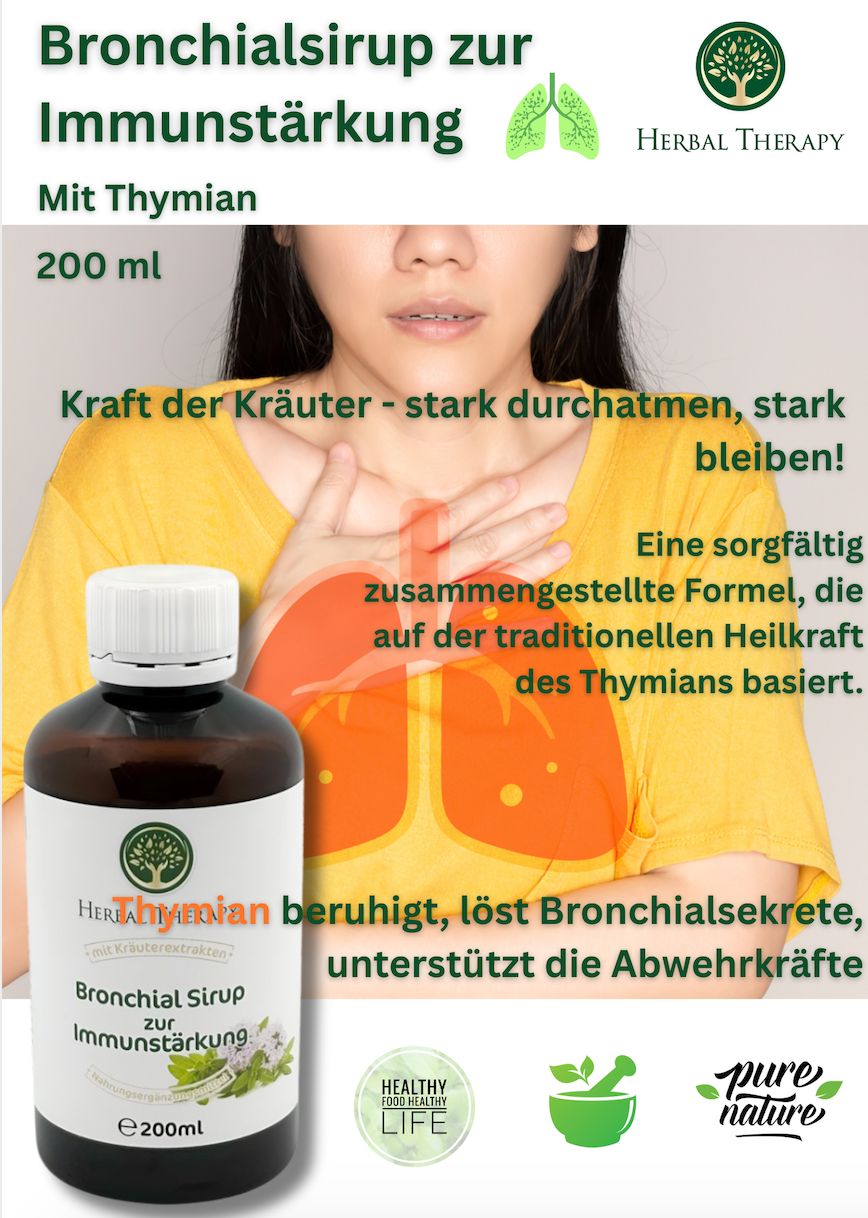 Bouteille de produit et illustration des poumons. Inscription: Bronchialsirup zur Immunstärkung, Herbal Therapy, 200 ml.