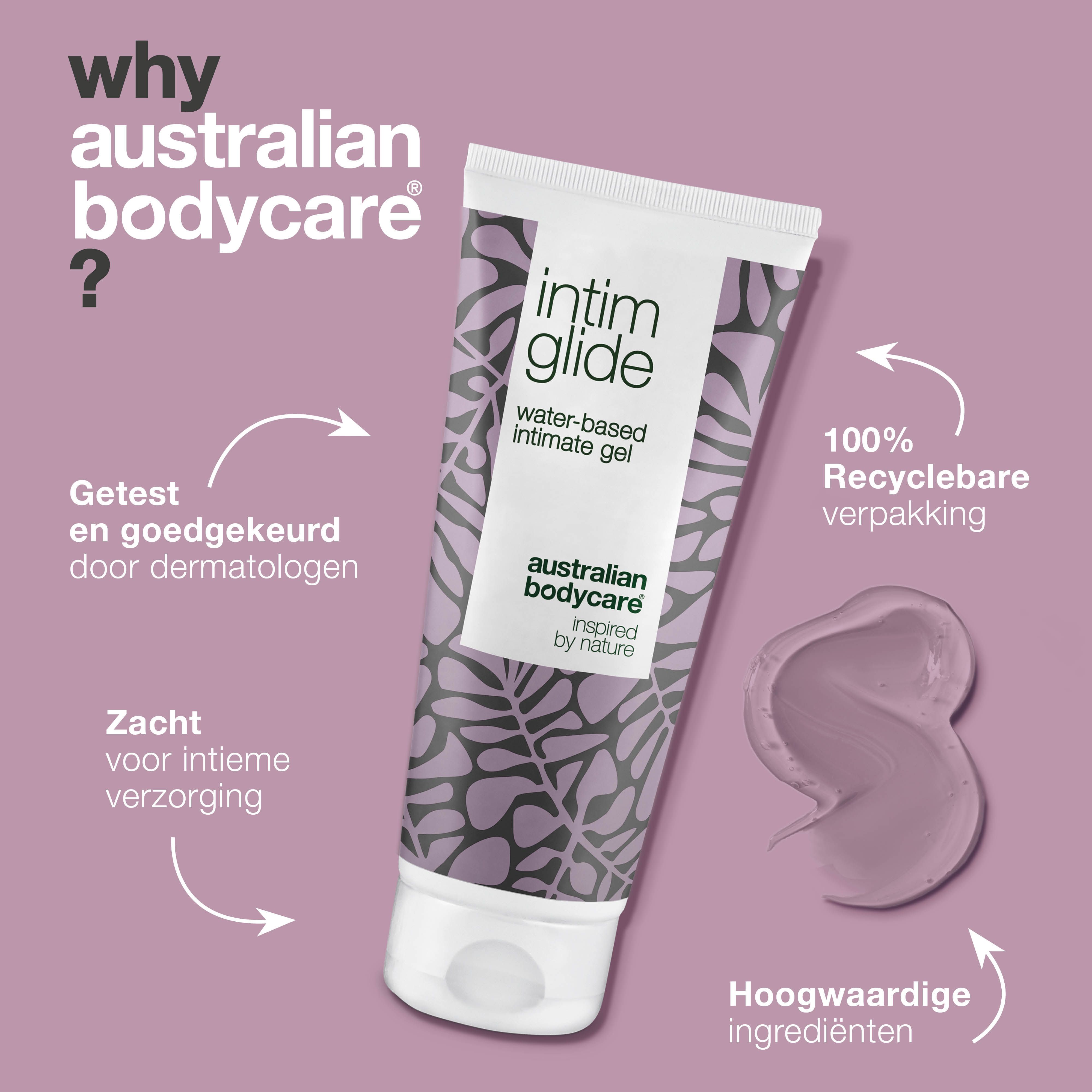 Waarom Australian Bodycare? Intieme glijmiddel. Op waterbasis. Merk: Australian Bodycare. Paarse achtergrond.
