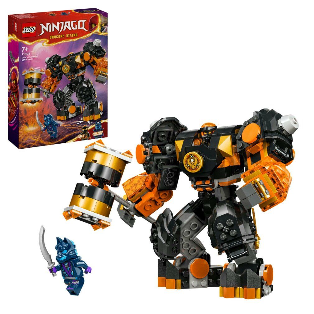 LEGO NINJAGO Mech Elemento di Terra di Cole. Robot met accessoires en figuur. Verpakking op de achtergrond.
