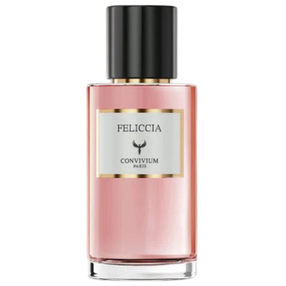 Flacon de parfum avec bouchon noir. Liquide rose dans flacon rectangulaire en verre. Étiquette avec texte 'Feliccia' et 'Convivium Paris'.