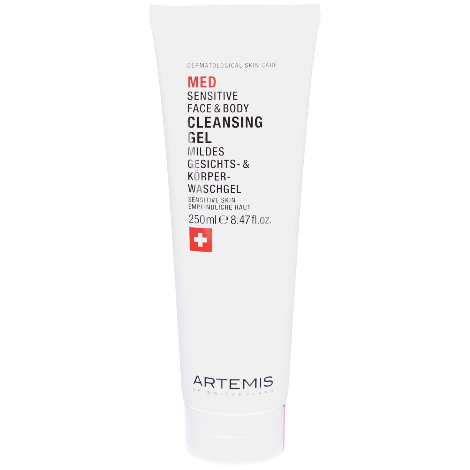 Witte tube met rode tekst. MED Sensitive Face & Body Cleansing Gel. Zwitsers kruis.