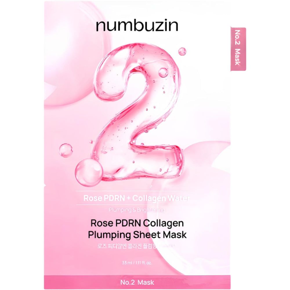 Verpakking van NUMBUZIN Nr.2 Rose PDRN Collagen Plumping Sheet Mask met een grote, transparante '2'.
