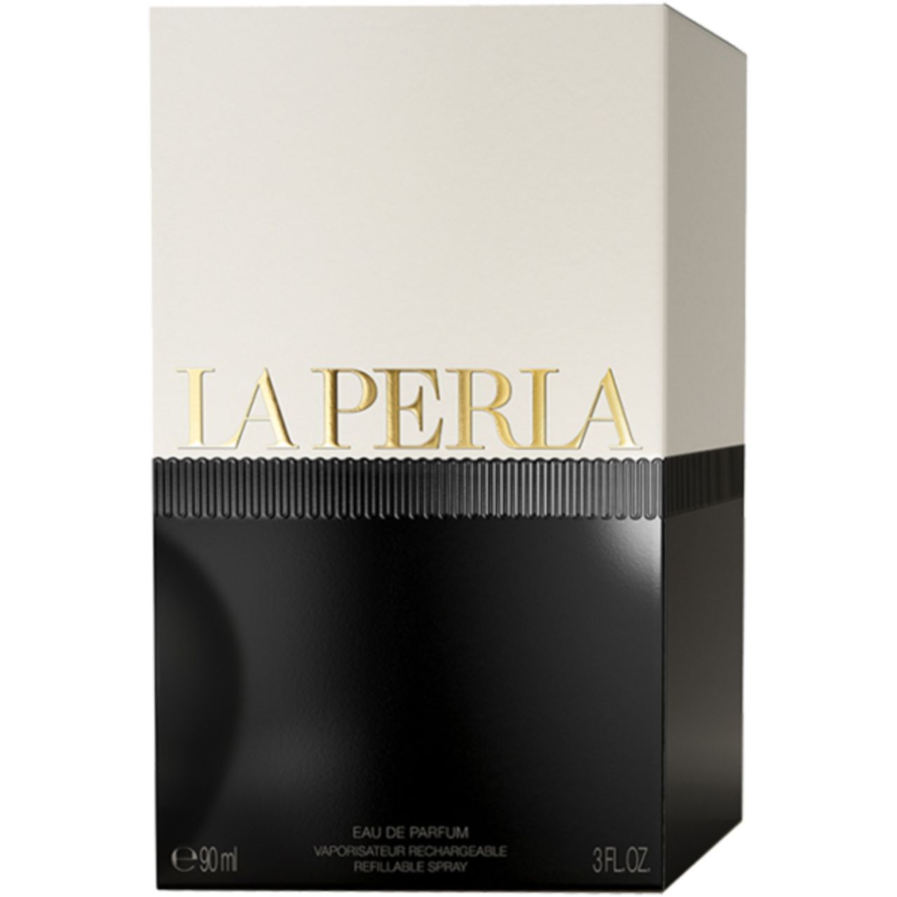 Boîte La Perla Signature E.d.P. Nat. Spray. Rectangulaire, noir et blanc, lettrage doré. Texte : Eau de Parfum, vaporisateur rechargeable, 3 FL.OZ.