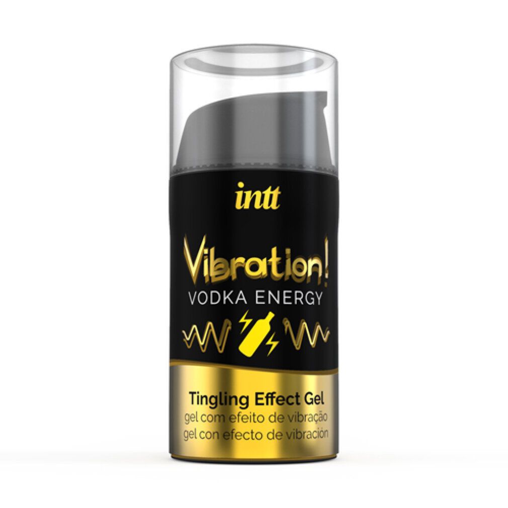 Transparante fles met zwarte dop. Opschrift: INTT, Vibration! Vodka Energy, Tingling Effect Gel. Gouden accenten.