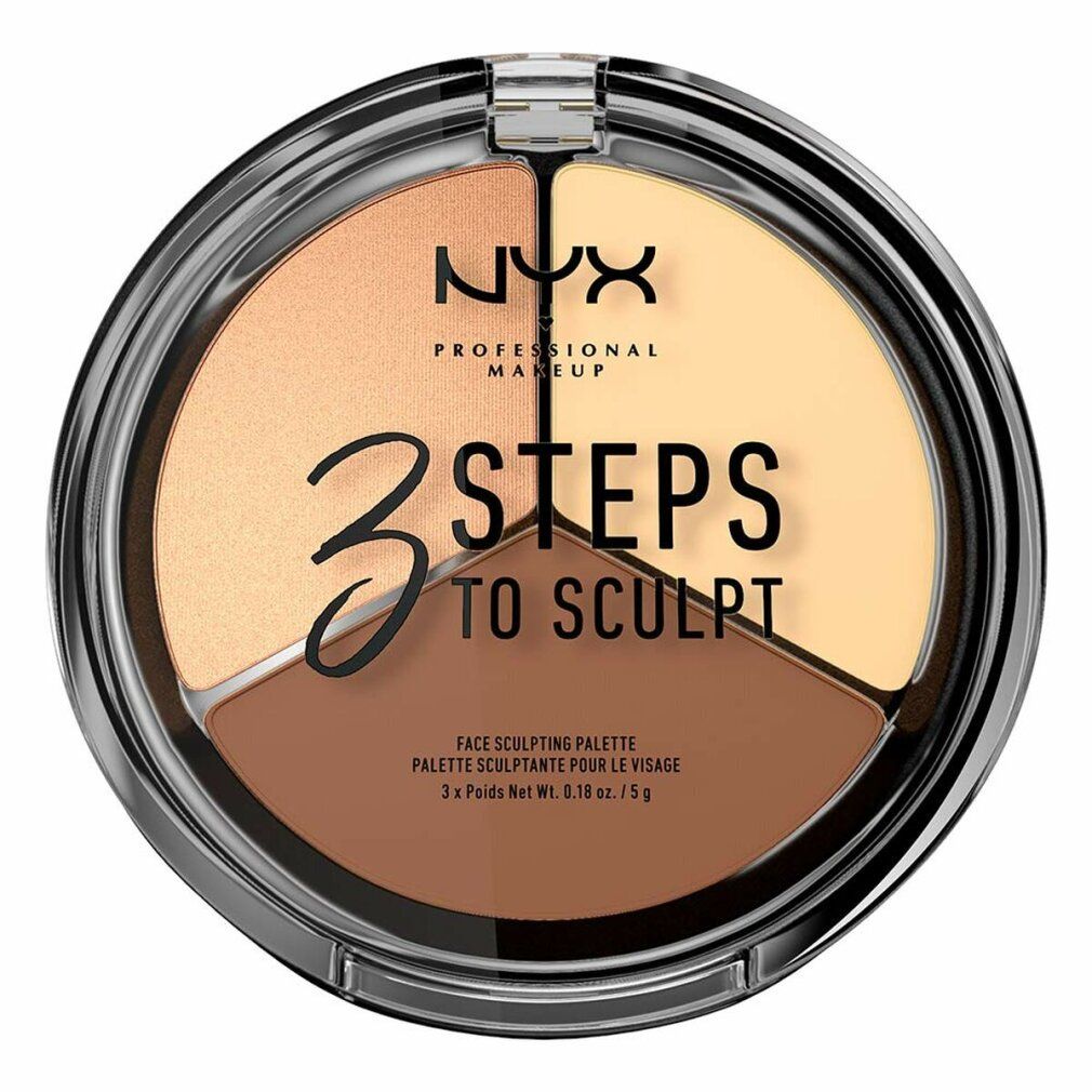 Ronde cosmetische palette met drie tinten. Zwarte houder met transparante deksel. "3 STEPS TO SCULPT" staat op de deksel.