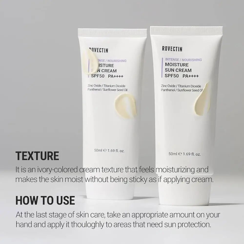 Twee witte tubes ROVECTIN Intense Moisture Sun Cream SPF50+ PA++++. Textuur- en gebruiksaanwijzing.