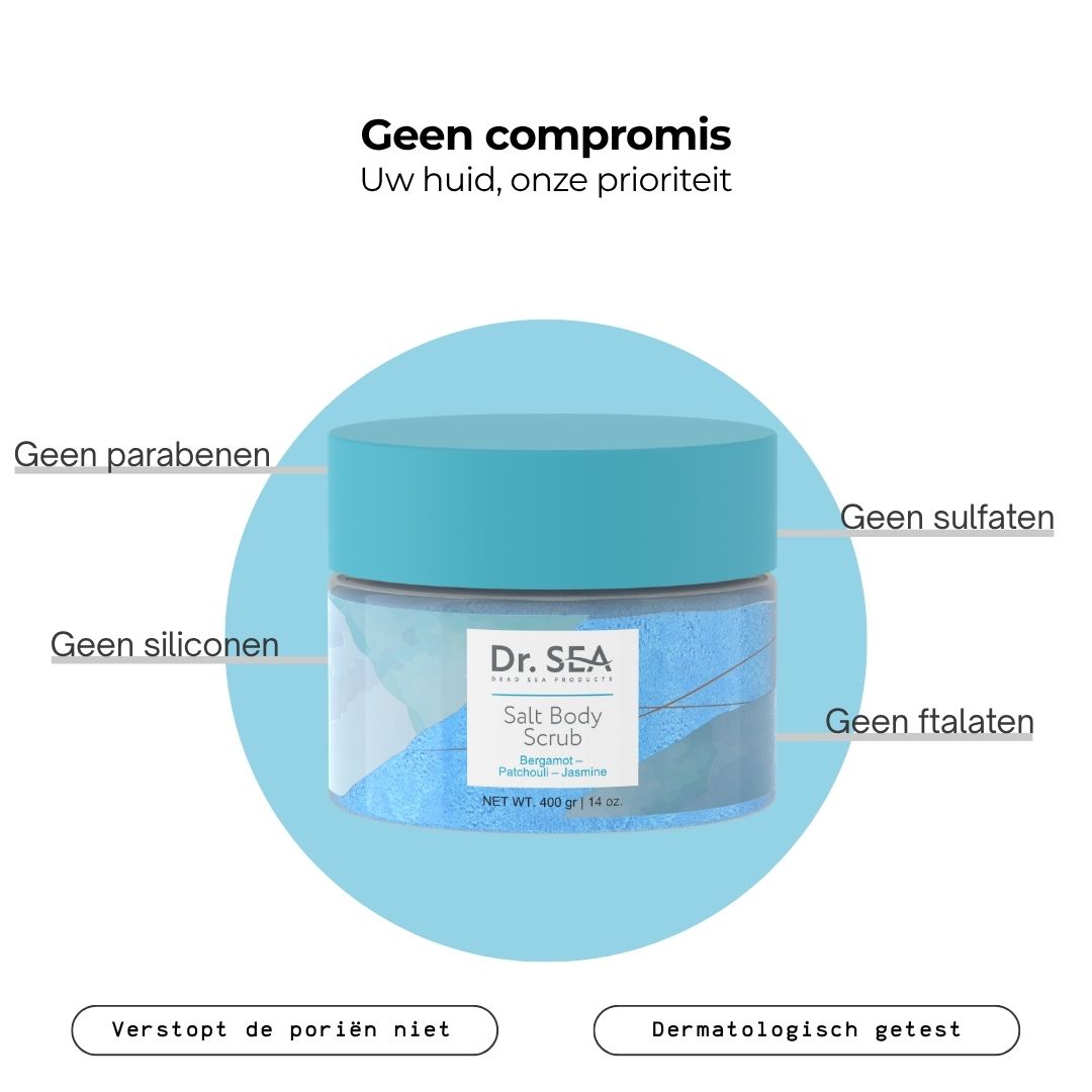 Product met tekst: Geen compromis. Geen parabenen, sulfaten, siliconen, ftalaten. Productnaam zichtbaar.