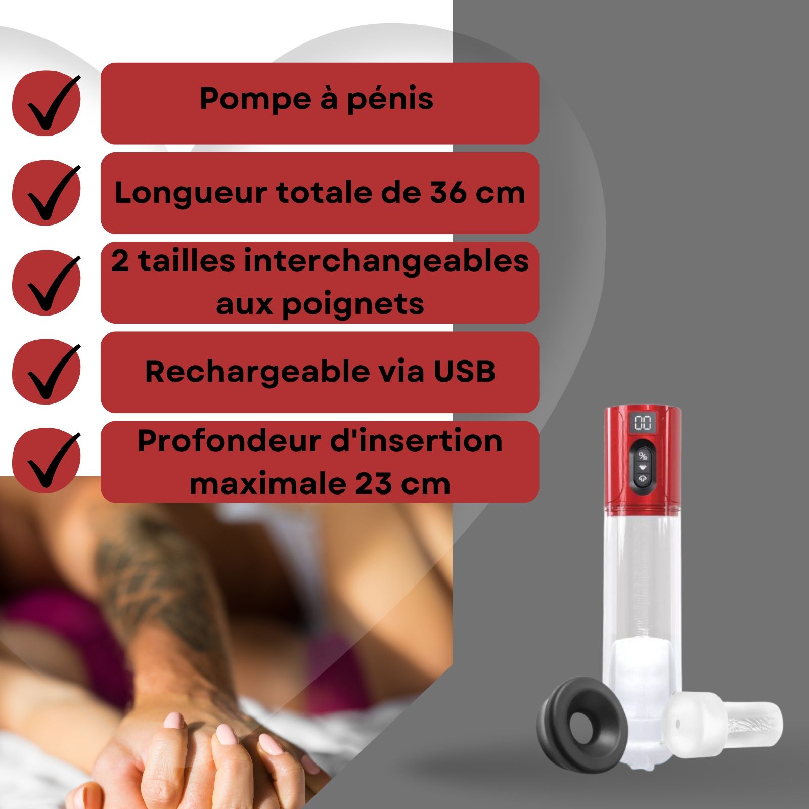 Image avec texte: « Pompe à pénis », « Longueur totale 36 cm », « 2 tailles interchangeables », « Rechargeable via USB », « Profondeur 23 cm ».