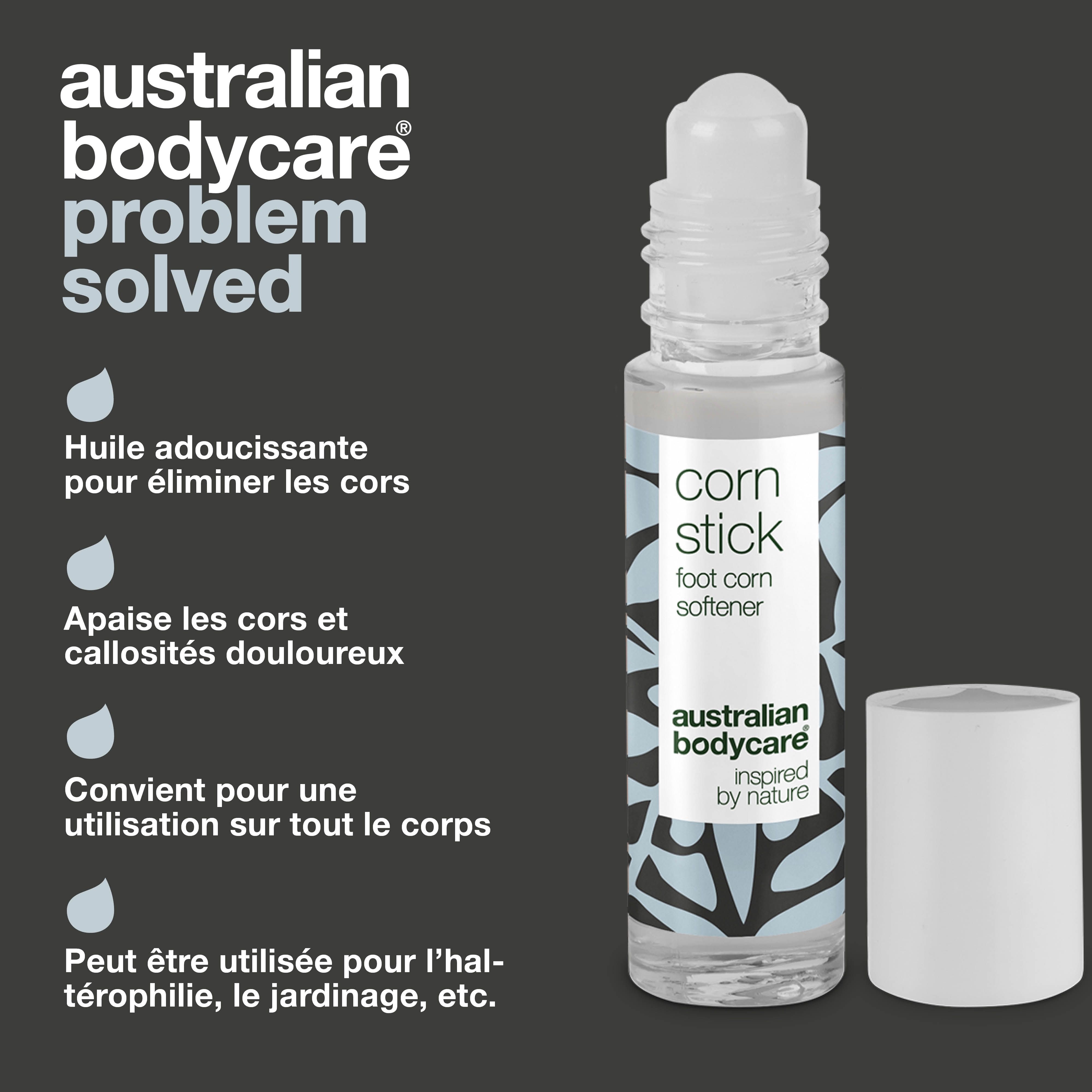 Flacon roll-on avec bouchon blanc. Inscription : corn stick, foot corn softener, australian bodycare.