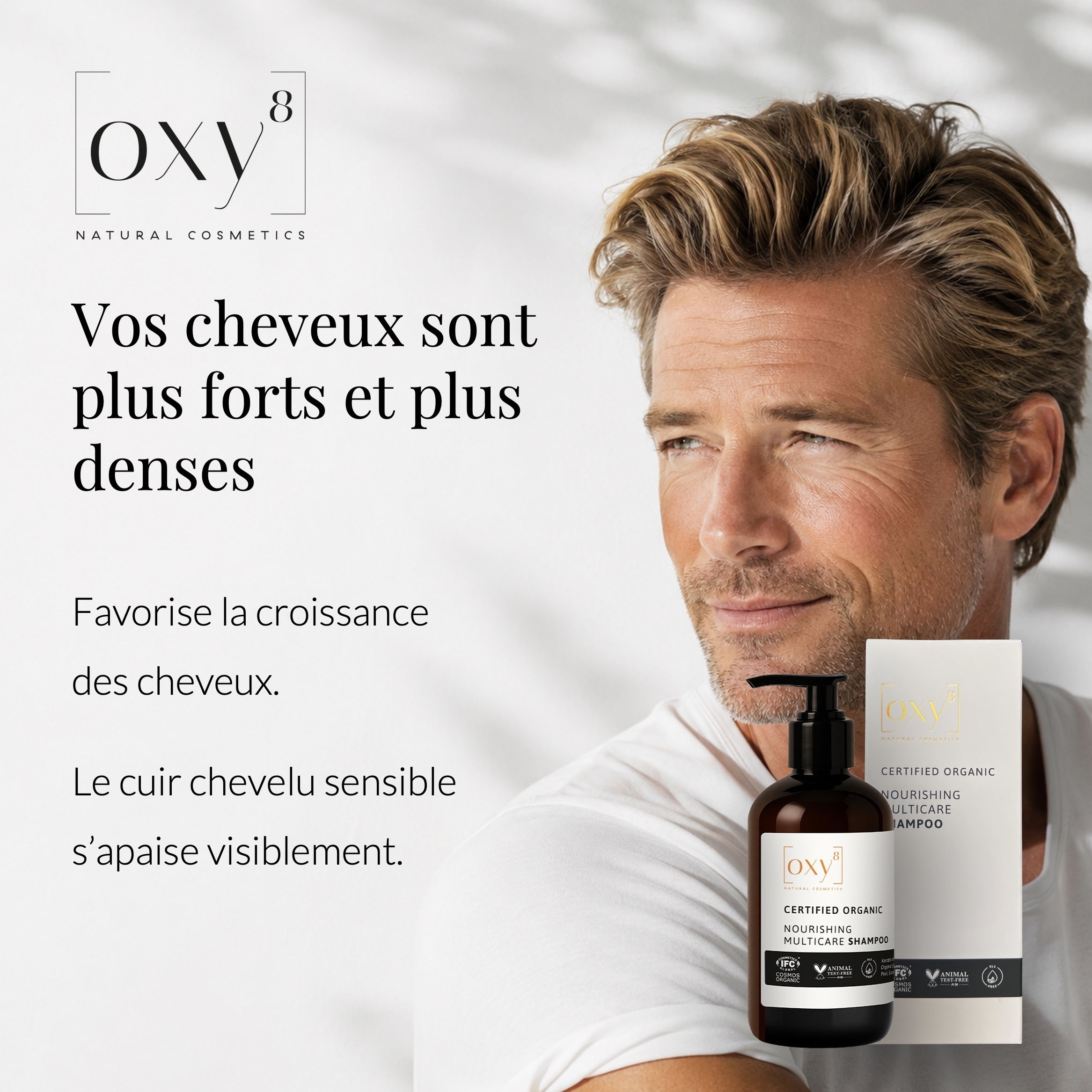Gros plan d'une femme avec sceaux : 100% naturel, Vegan, IFC, Non testé sur animaux