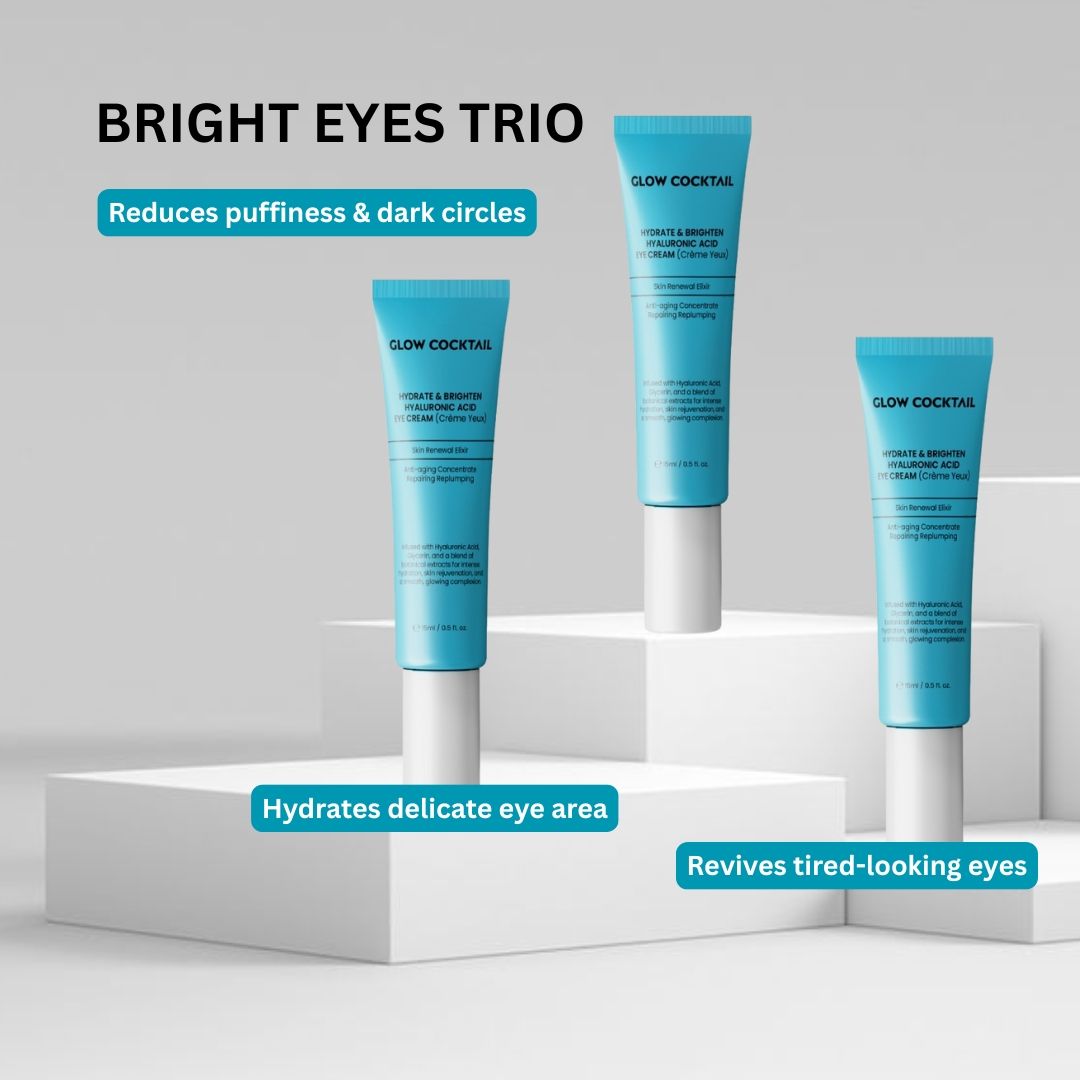 Drie tubes Glow Cocktail Eye Cream op sokkels. Tekst: Bright Eyes Trio, vermindert wallen en donkere kringen.