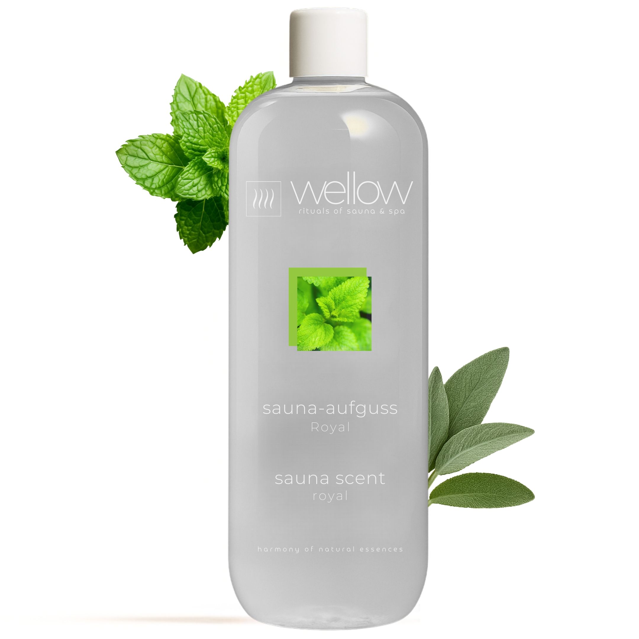 Transparante fles met witte dop. Opschrift: Wellow, sauna-aufguss Royal, sauna scent Royal. Groene planten als decoratie.