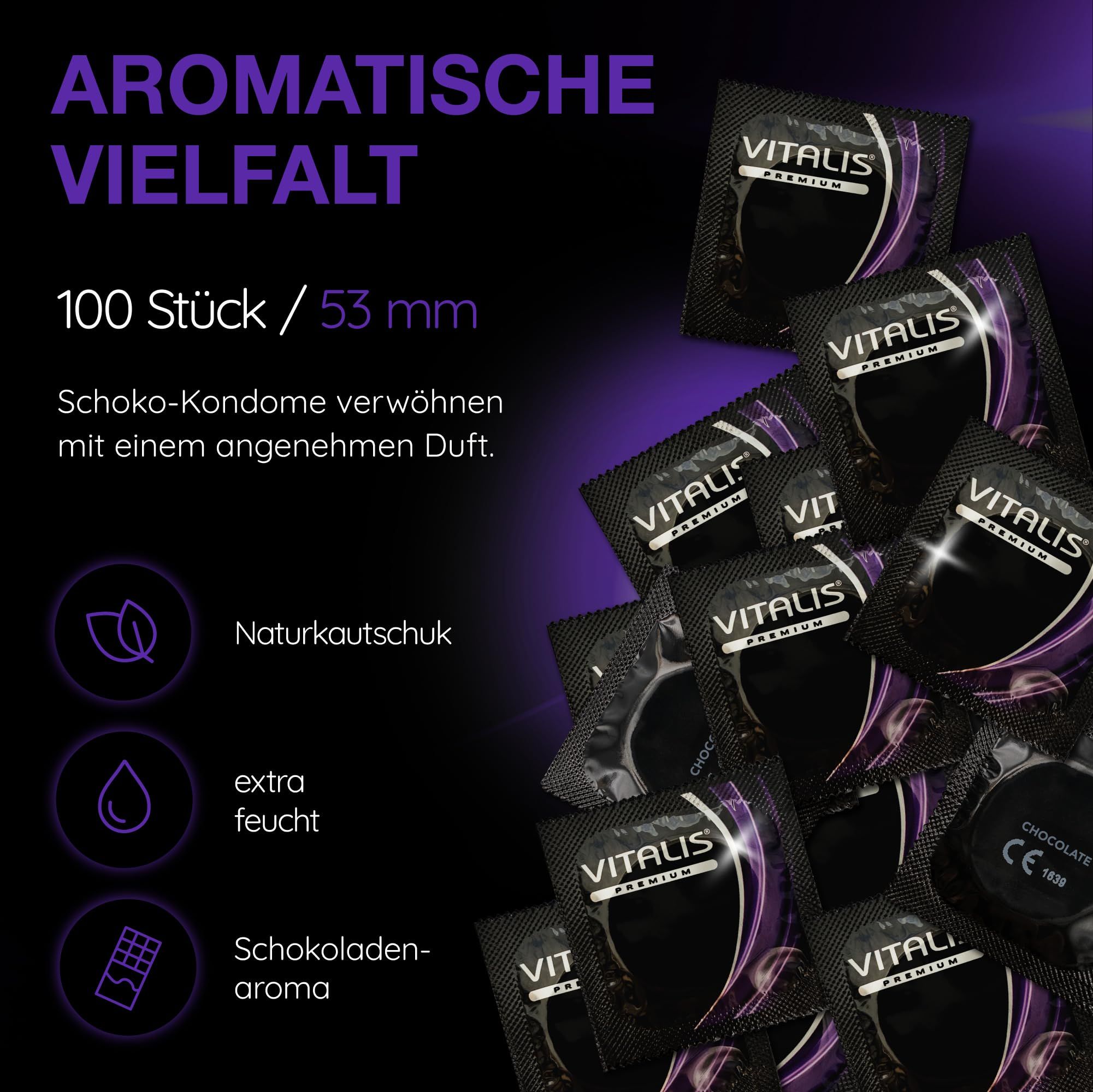 Préservatifs Vitalis Choco : 100 pièces, 53mm, caoutchouc naturel, extra humide, arôme chocolat.