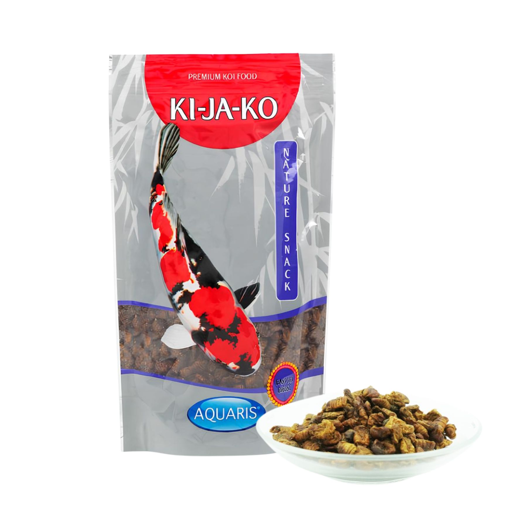 Emballage de KI-JA-KO Koifischfutter Nature Snack. Sac avec illustration de poisson koi et nom du produit.