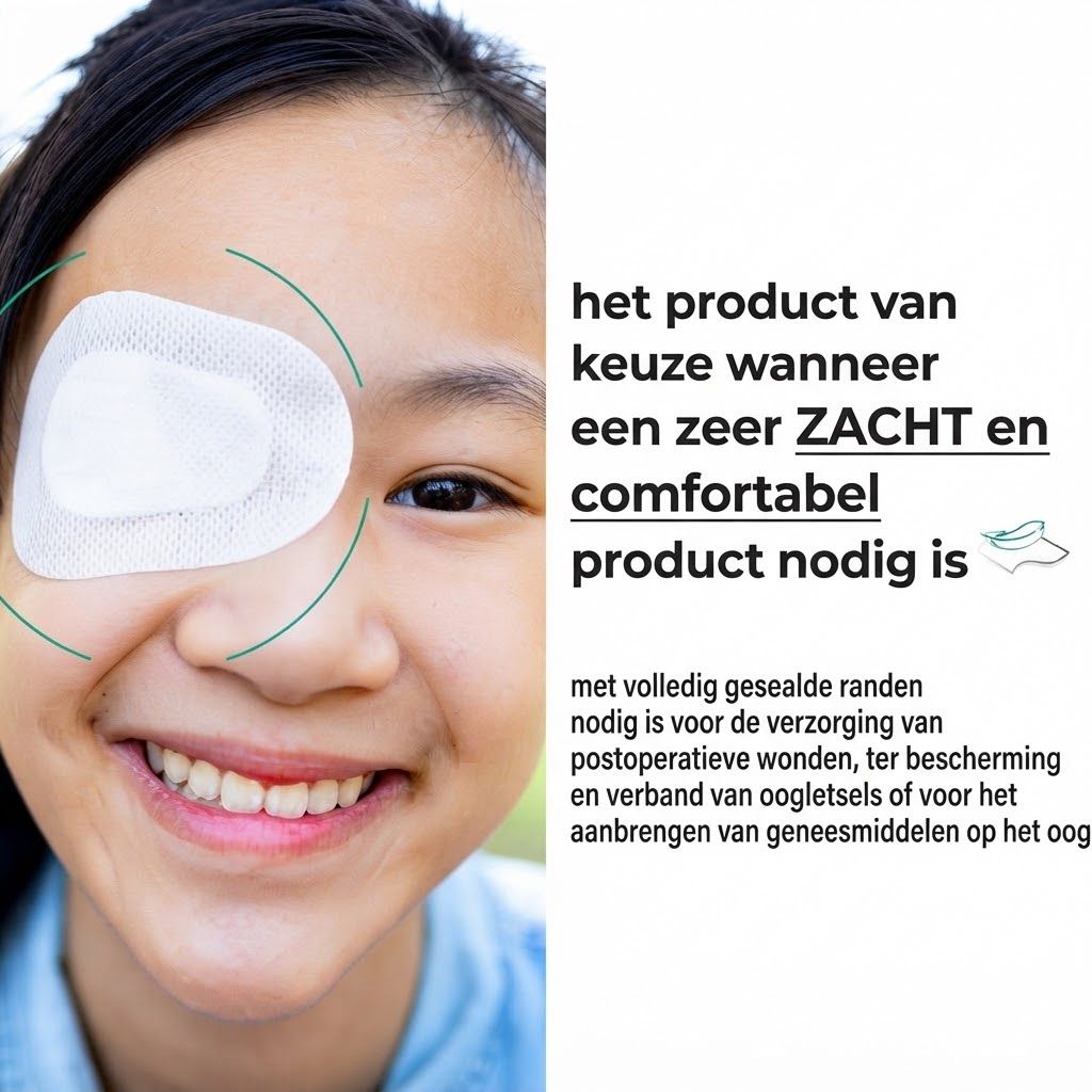 Oudere vrouw met Medrull oogkompres. Ademend, 4-zijdige afdichting.