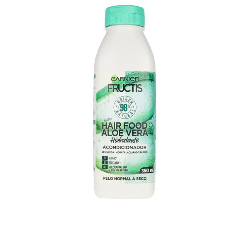 Fles met groene dop. Opschrift Garnier Fructis Hair Food Aloe Vera. 350ml.