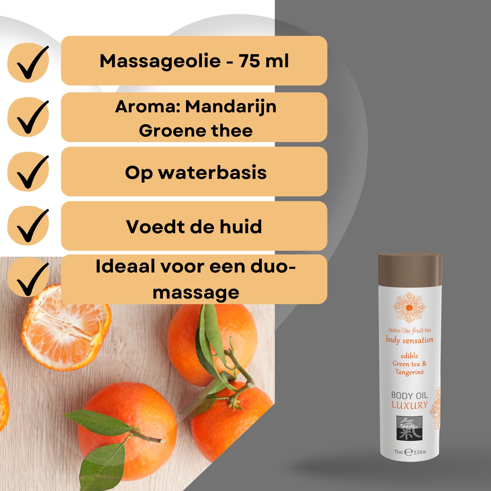 Vrouw met gesloten ogen die haar gezicht aanraakt, naast Shiatsu body oil.